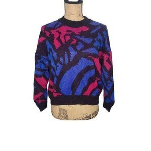 Vintage 80s Black Pink Blue Lurex Abstract Cozy Sweater Crewneck Knit